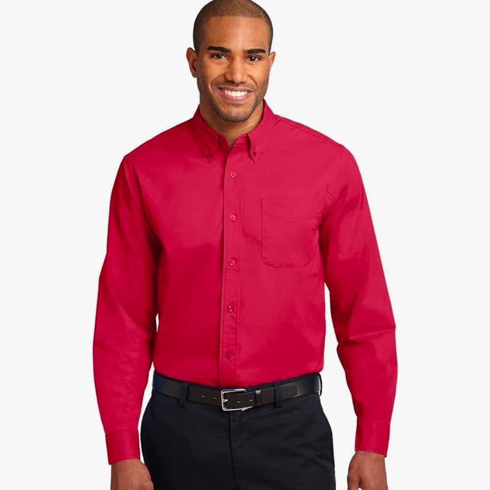 Port Authority red button down shirt